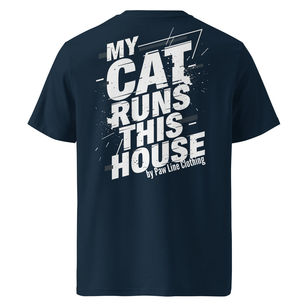 Unisex-T-Shirt dunkelblau mit Rückenprint „MY CAT RUNS THIS“