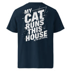 Unisex-T-Shirt dunkelblau mit Rückenprint „MY CAT RUNS THIS“