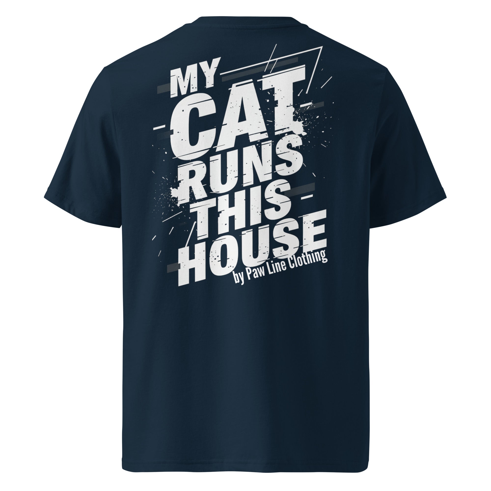 Unisex-T-Shirt dunkelblau mit Rückenprint „MY CAT RUNS THIS“