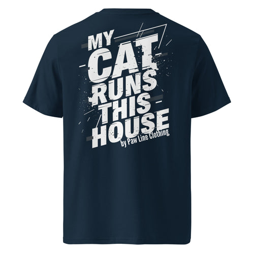 Unisex-T-Shirt dunkelblau mit Rückenprint „MY CAT RUNS THIS“