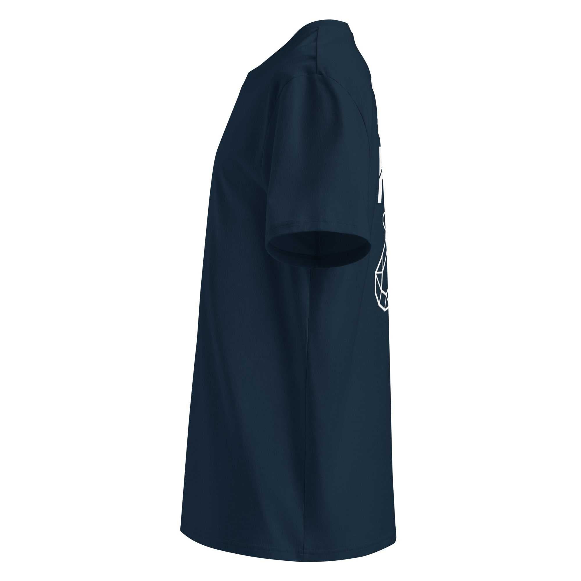 Unisex-T-Shirt: French-Navy Kurzarm, seitliche Rückansicht, Katzenprint am Ärmelbereich