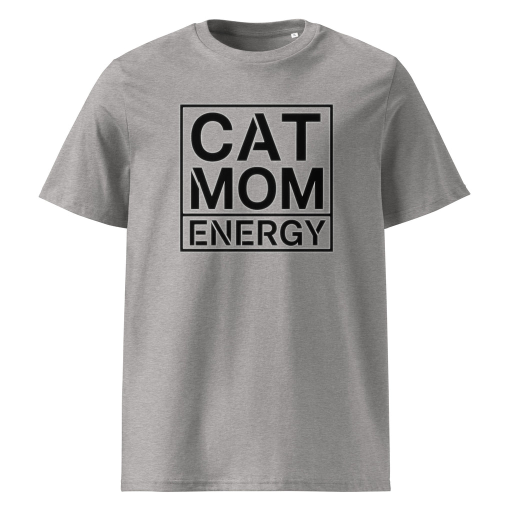 Kurzarm-T-Shirt in Heather Grau mit großer „CAT MOM ENERGY“-Grafik auf der Vorderseite