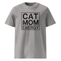 Kurzarm-T-Shirt in Heather Grau mit großer „CAT MOM ENERGY“-Grafik auf der Vorderseite