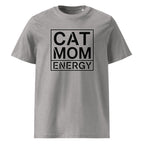 Kurzarm-T-Shirt in Heather Grau mit großer „CAT MOM ENERGY“-Grafik auf der Vorderseite