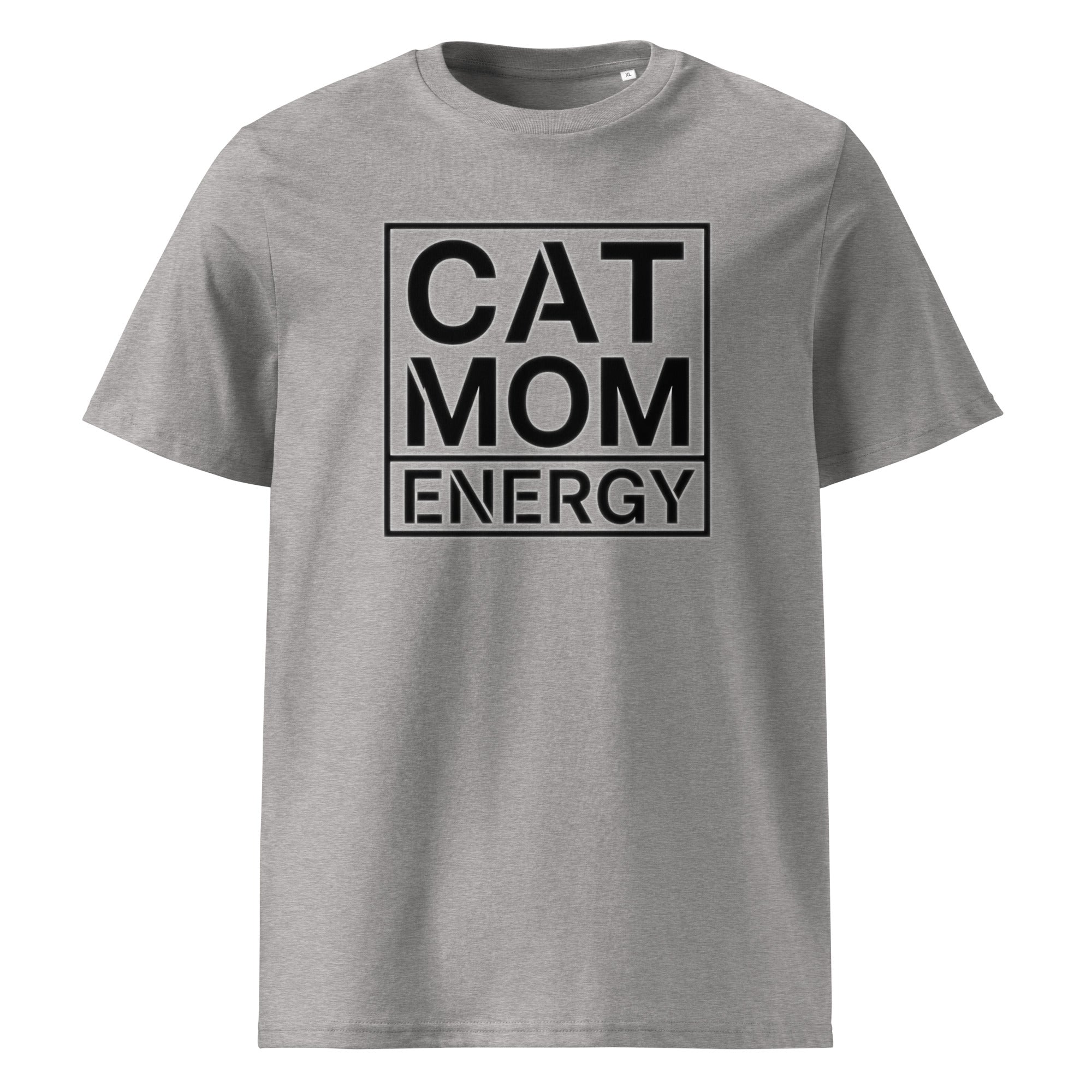 Kurzarm-T-Shirt in Heather Grau mit großer „CAT MOM ENERGY“-Grafik auf der Vorderseite