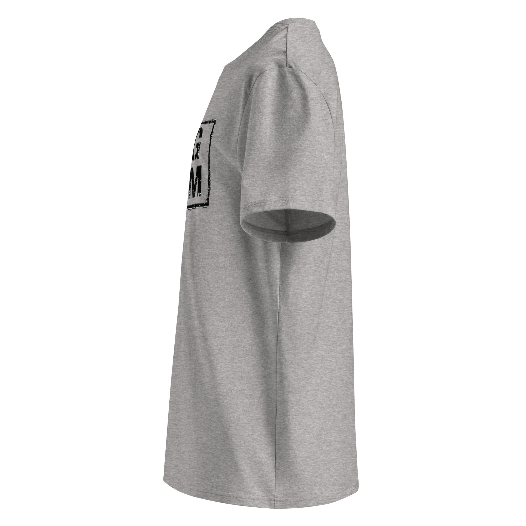 Unisex-T-Shirt in Heather Grau, Seitenansicht mit „DOG MOM“-Logo
