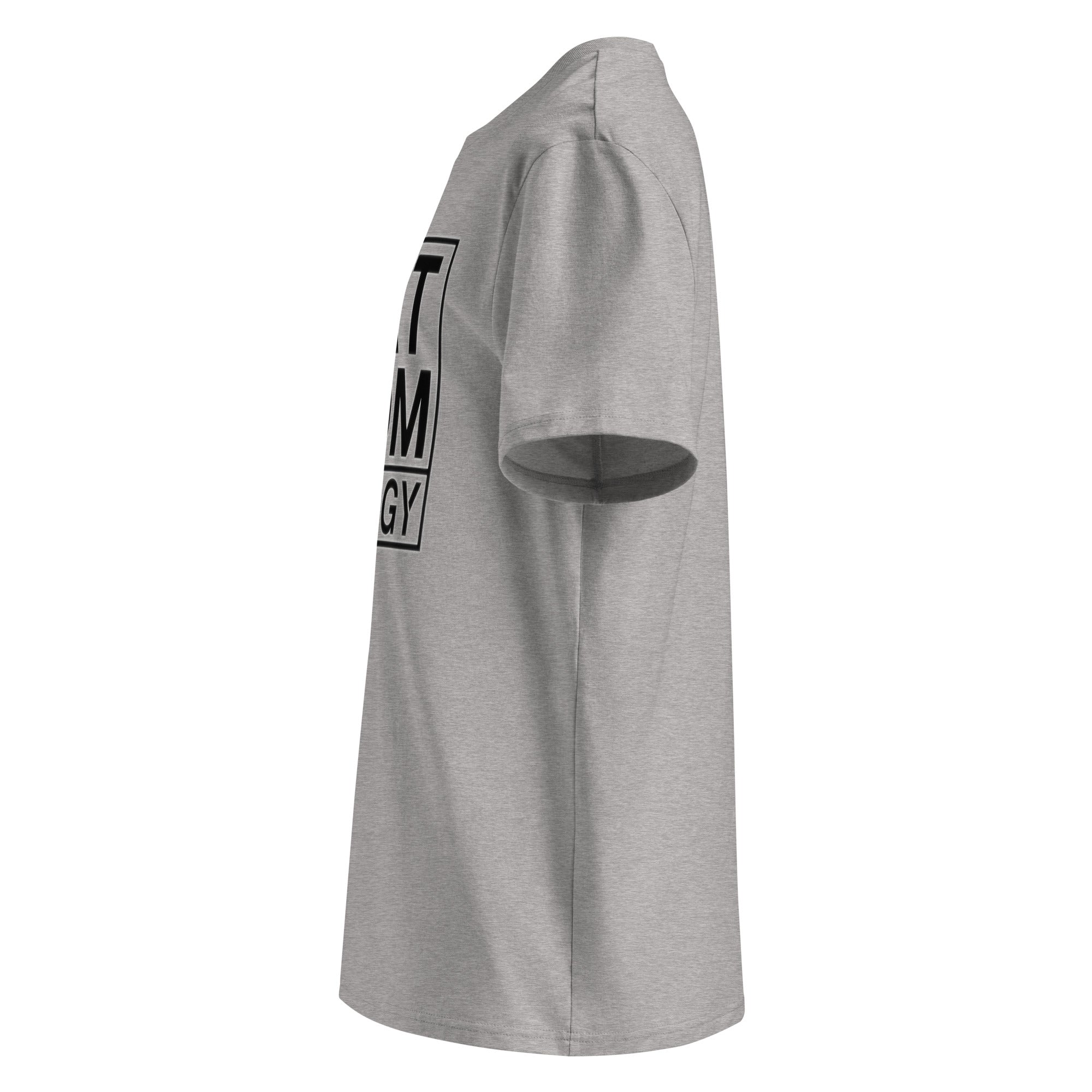 Heather-Grau Kurzarm-T-Shirt, seitlicher Blick mit Teil der „CAT MOM ENERGY“-Grafik