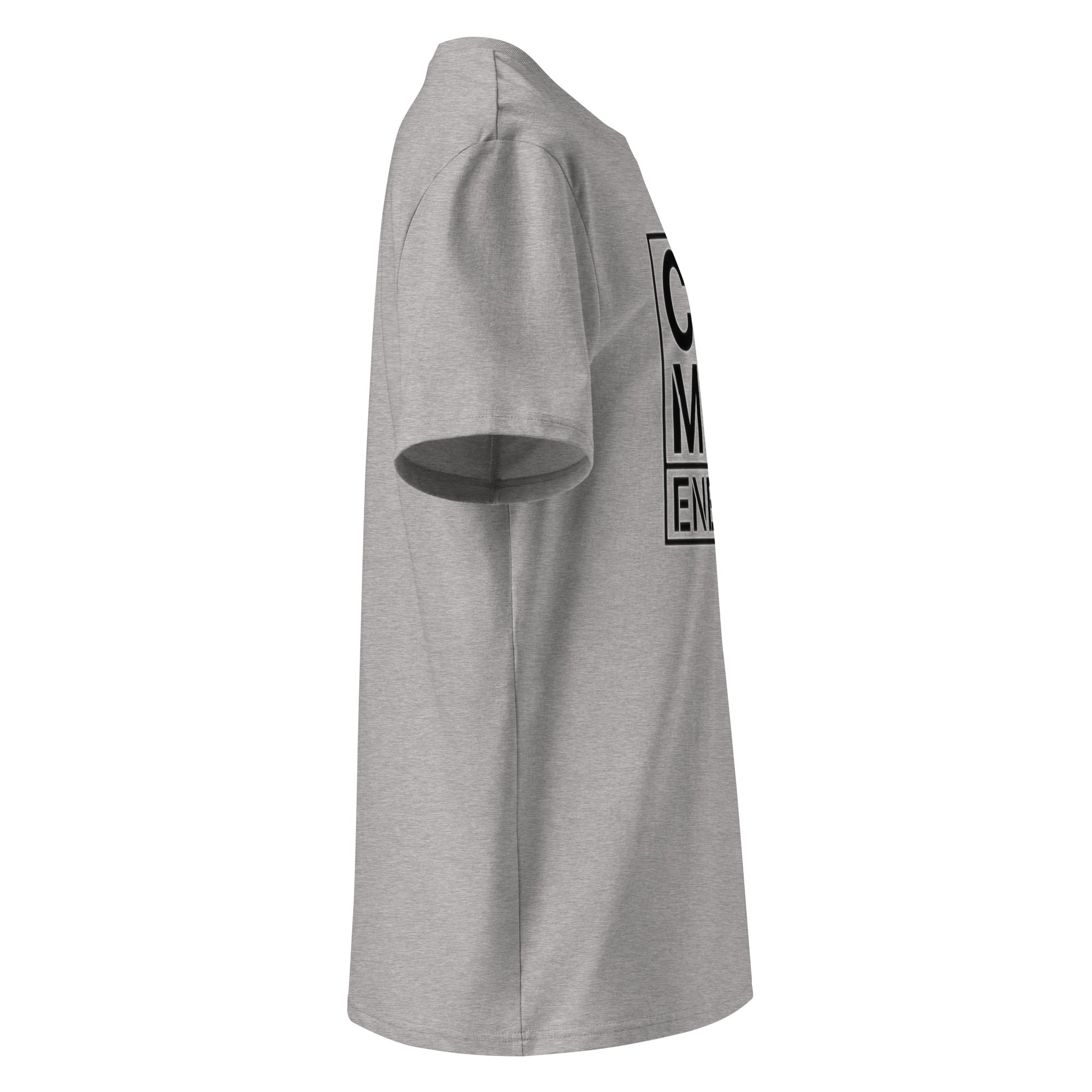 Heather-Grau Kurzarm-T-Shirt, Seitenansicht mit Teil der „CAT MOM ENERGY“-Grafik