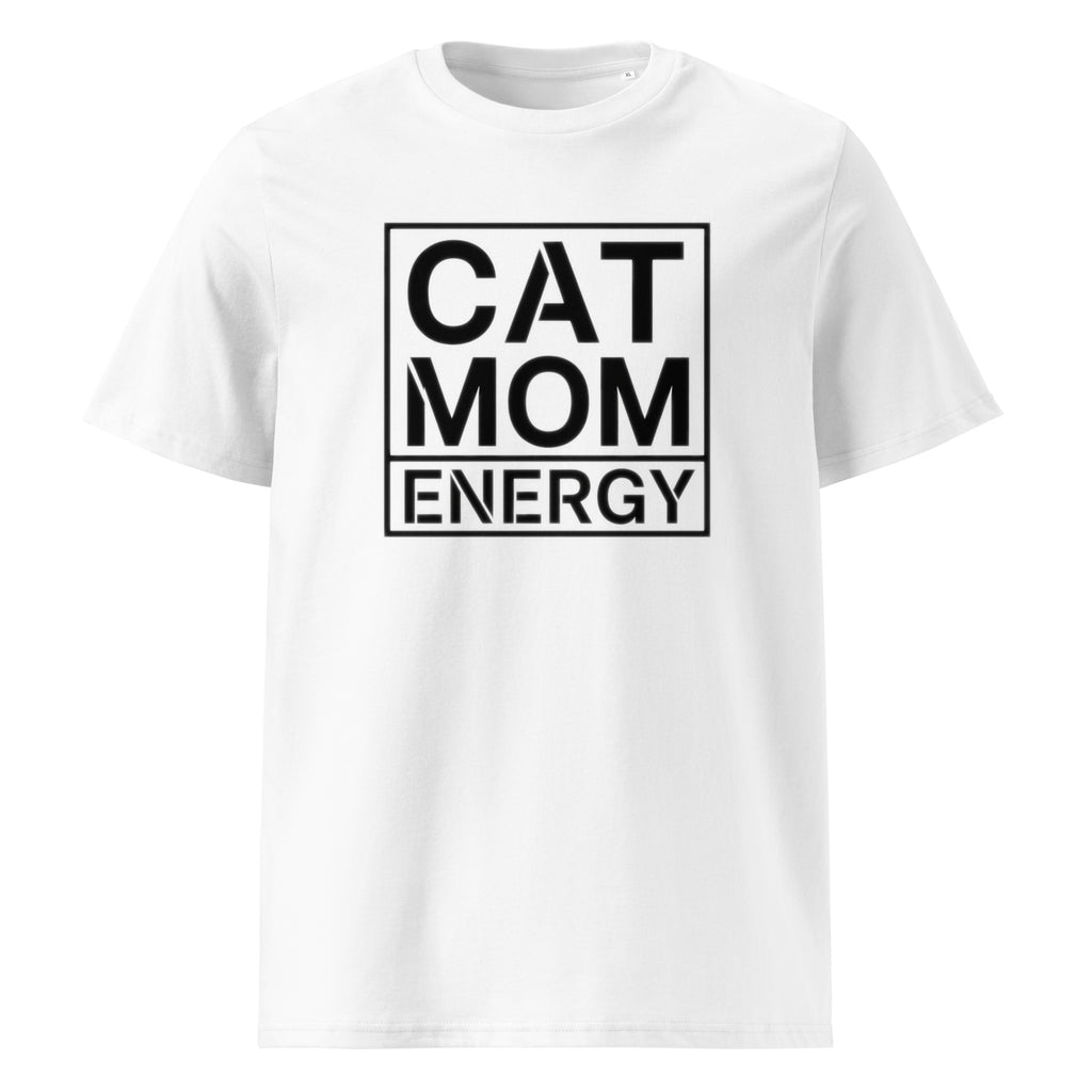 Kurzarm-T-Shirt in Weiß mit großer „CAT MOM ENERGY“-Grafik auf der Vorderseite