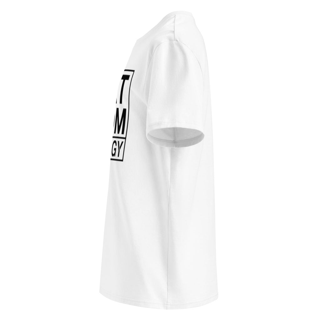 Weiße Kurzarm-T-Shirt, seitlicher Blick mit Teil der „CAT MOM ENERGY“-Grafik