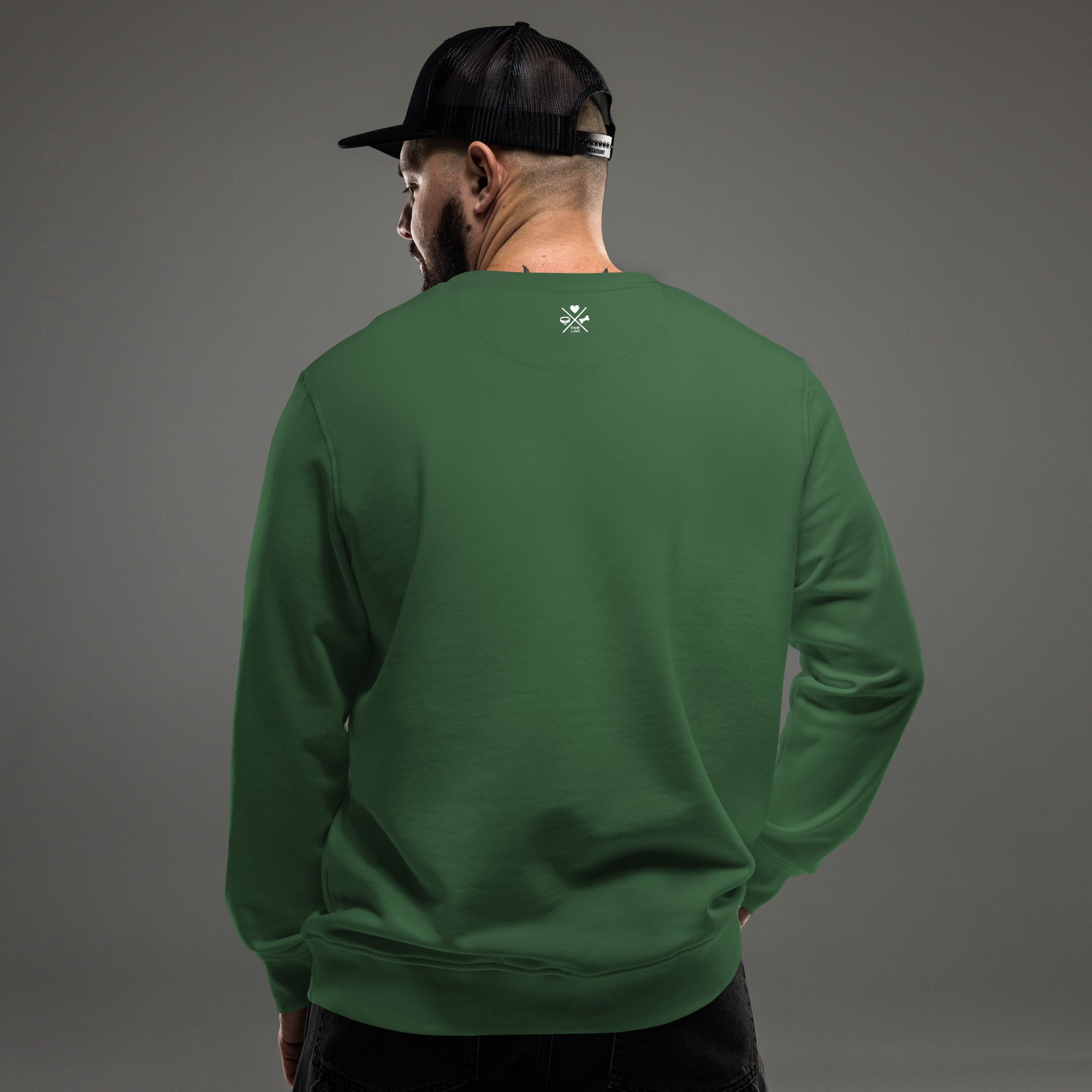 Grünes Unisex-Sweatshirt aus Bio-Baumwolle mit Rücken-Logo, Rundhals, lange Ärmel