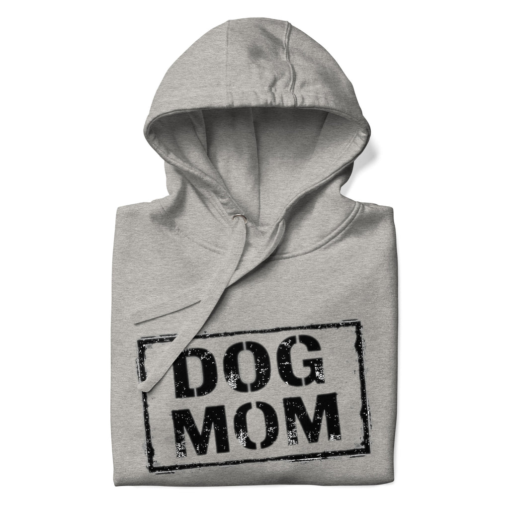 Unisex Hoodie in Dunkelgrau mit Kapuze und „DOG MOM“-Motiv auf der Brust