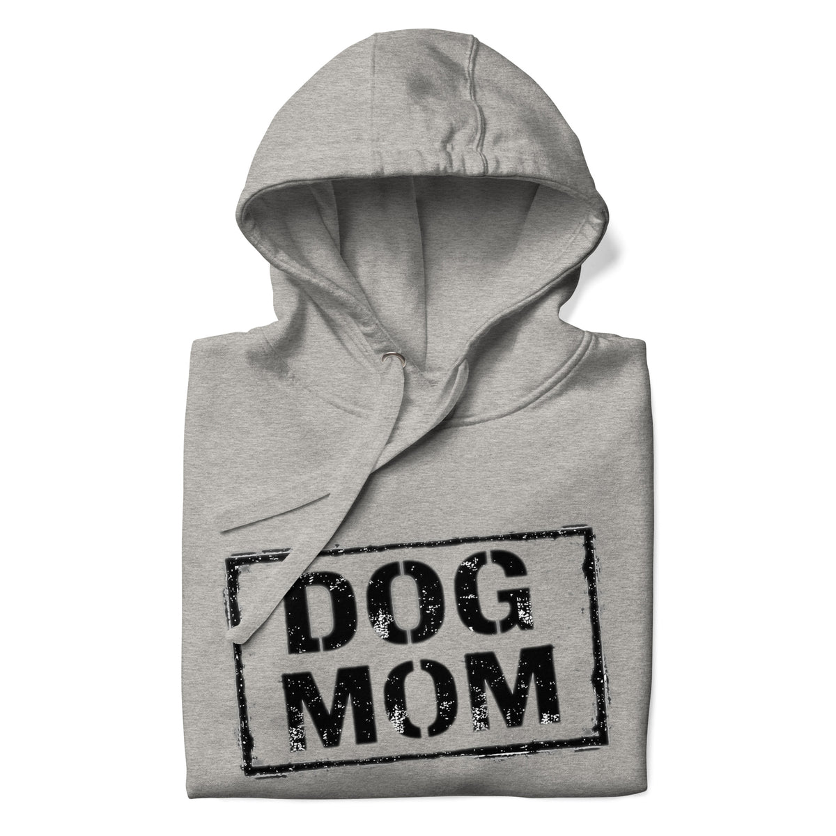 Unisex Hoodie in Dunkelgrau mit Kapuze und „DOG MOM“-Motiv auf der Brust