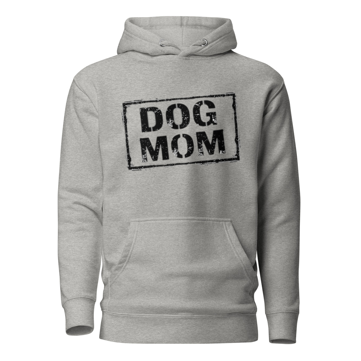Unisex Hoodie in Carbon Grau mit „DOG MOM“-Motiv auf der Brust und Kängurutasche