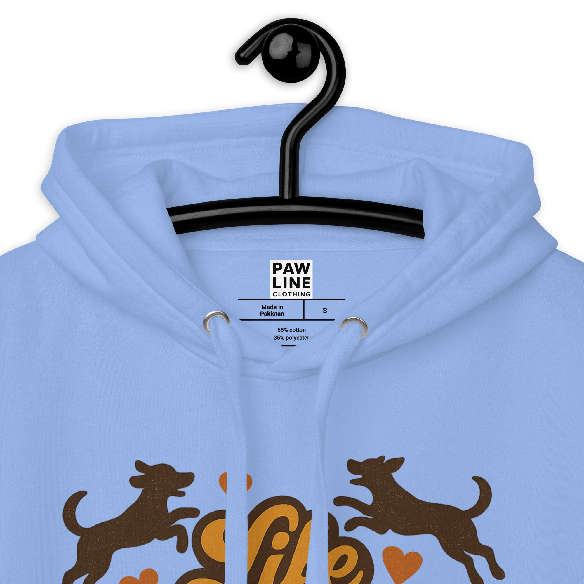 Hellblauer Hoodie mit Kapuze, Innenetikett „PAWLINE CLOTHING“, Kordelzug