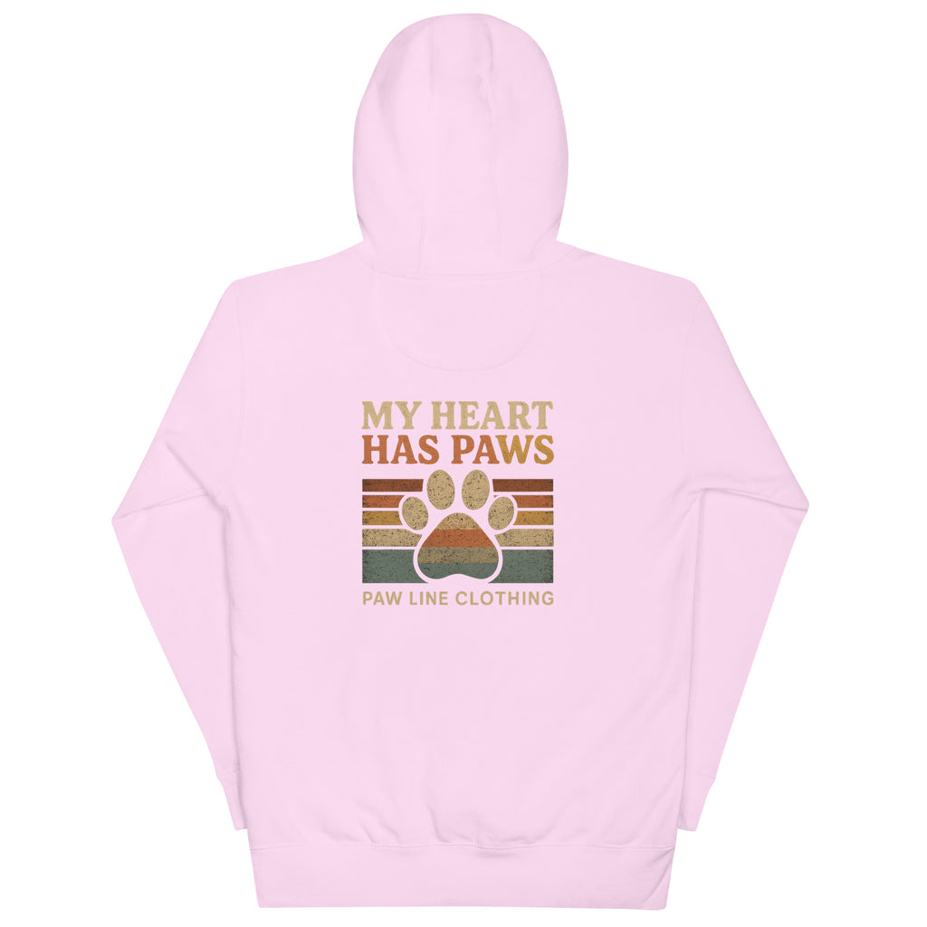 Hundeeltern-Hoodie rosa mit Frontmotiv „MY HEART HAS PAWS“ und Pfotenprint