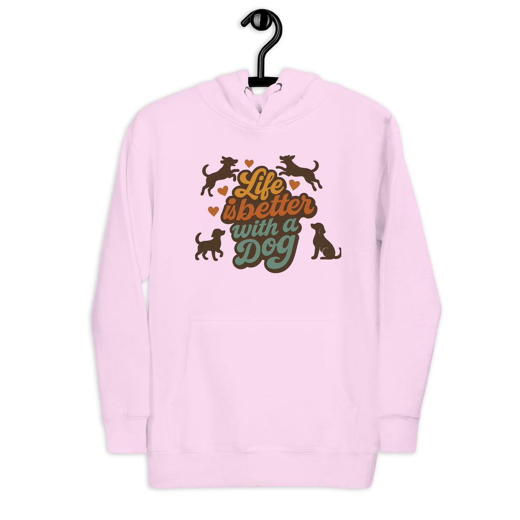 Rosafarbener Hoodie mit Kapuze, Frontprint mit Hunden und Schrift