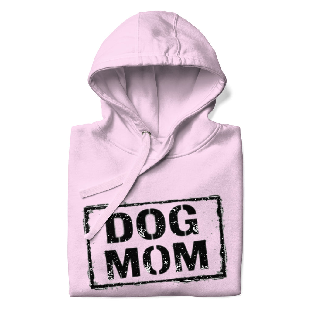 Unisex Hoodie in Hellrosa mit Kapuze und „DOG MOM“-Motiv auf der Brust