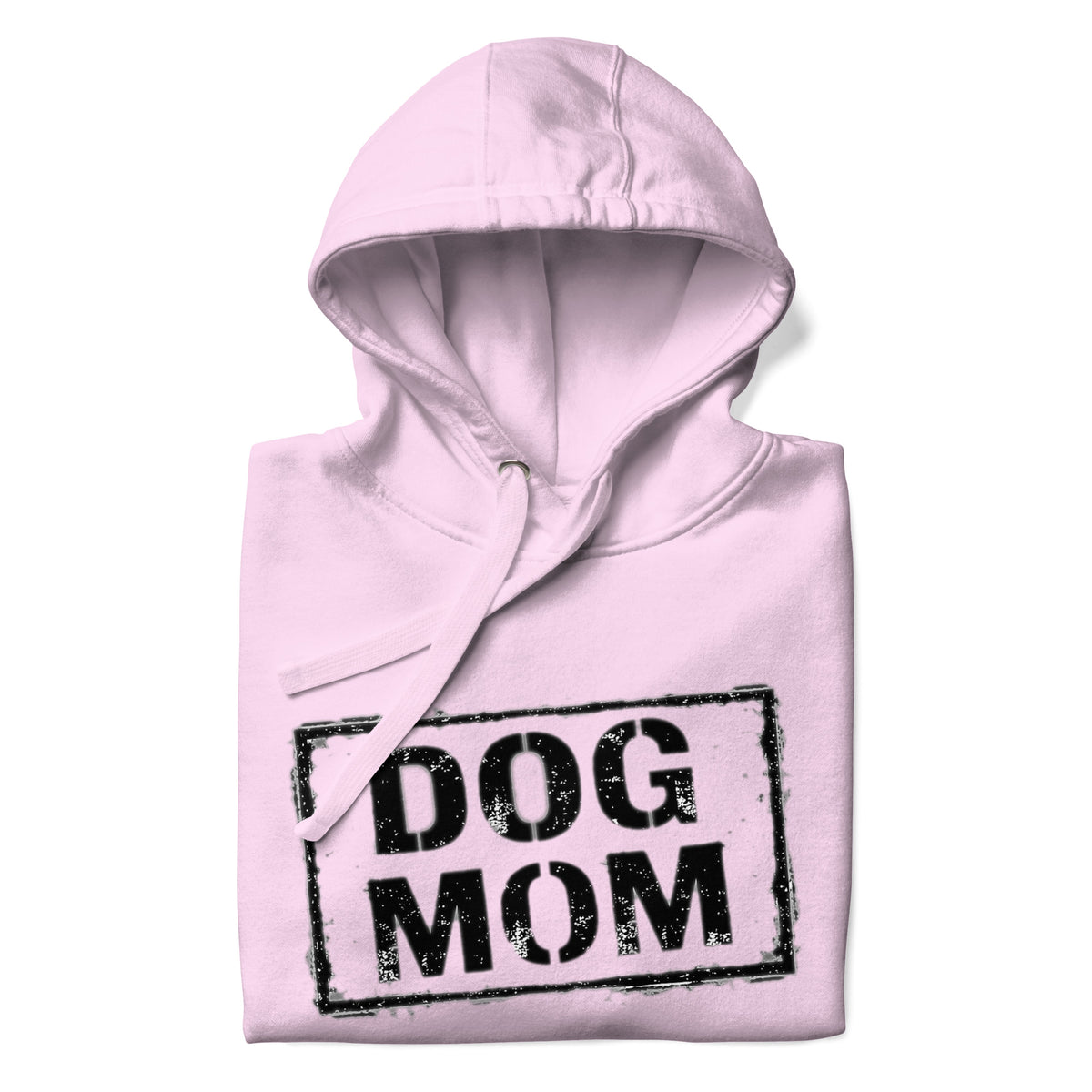 Unisex Hoodie in Hellrosa mit Kapuze und „DOG MOM“-Motiv auf der Brust