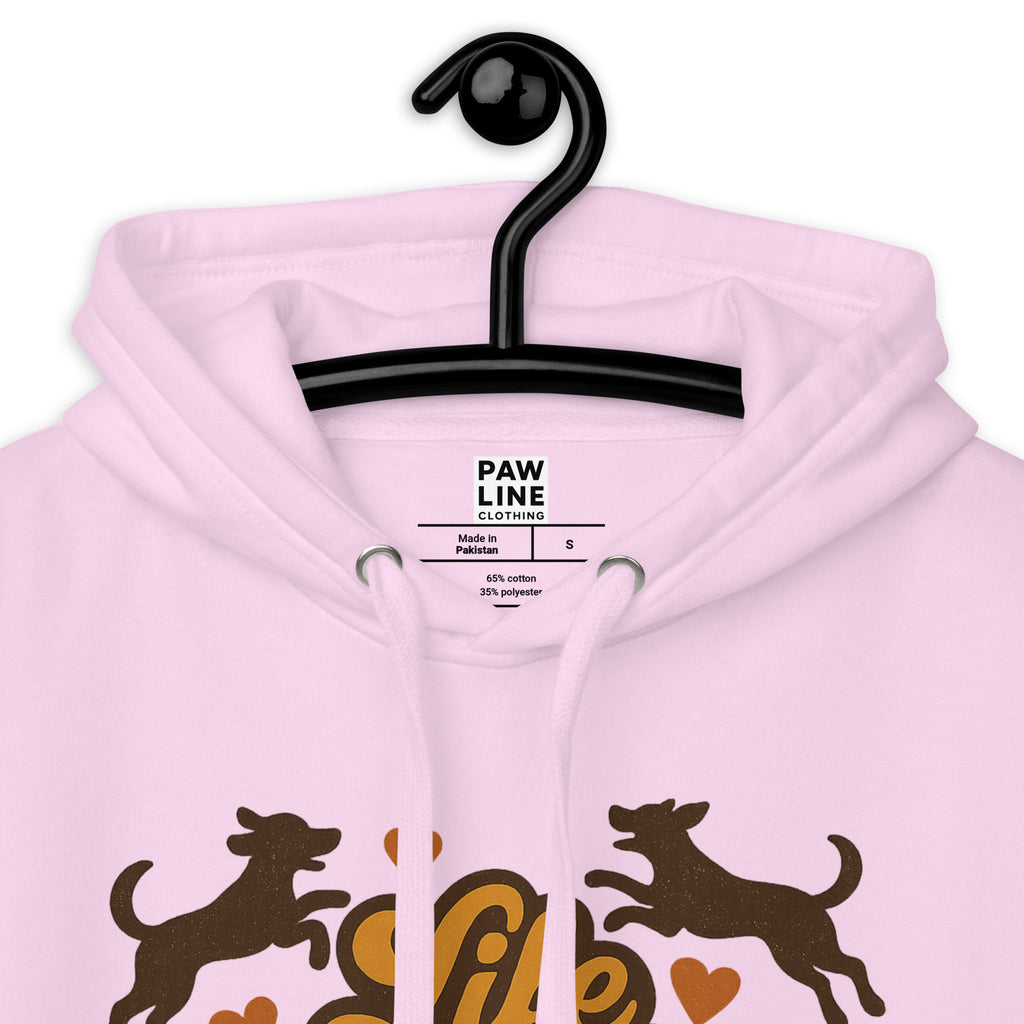 Rosa Hoodie mit Kapuze, Innenetikett „PAWLINE CLOTHING“ und Grafik