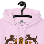 Rosa Hoodie mit Kapuze, Innenetikett „PAWLINE CLOTHING“ und Grafik
