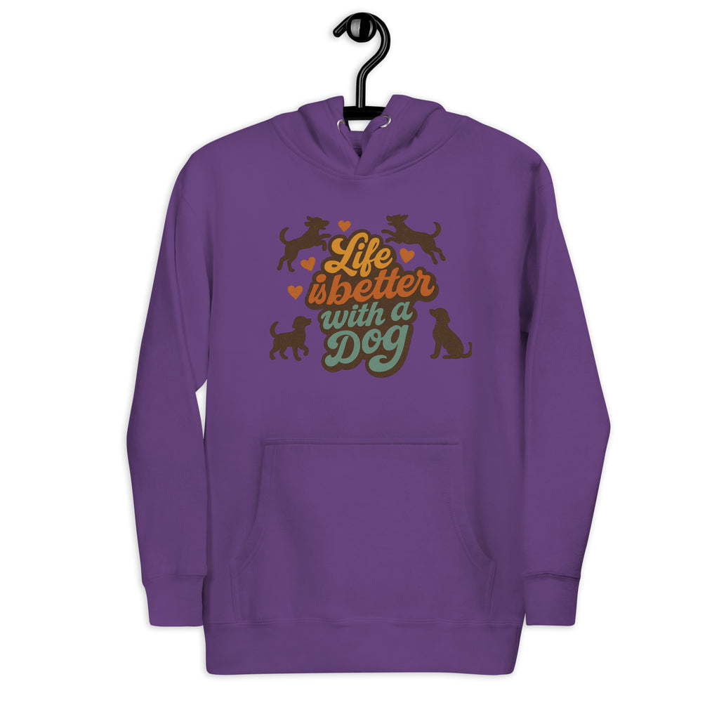 Lila Hunde-Hoodie mit Kapuze und Kängurutasche, mit buntem Tier- und Schriftmotiv