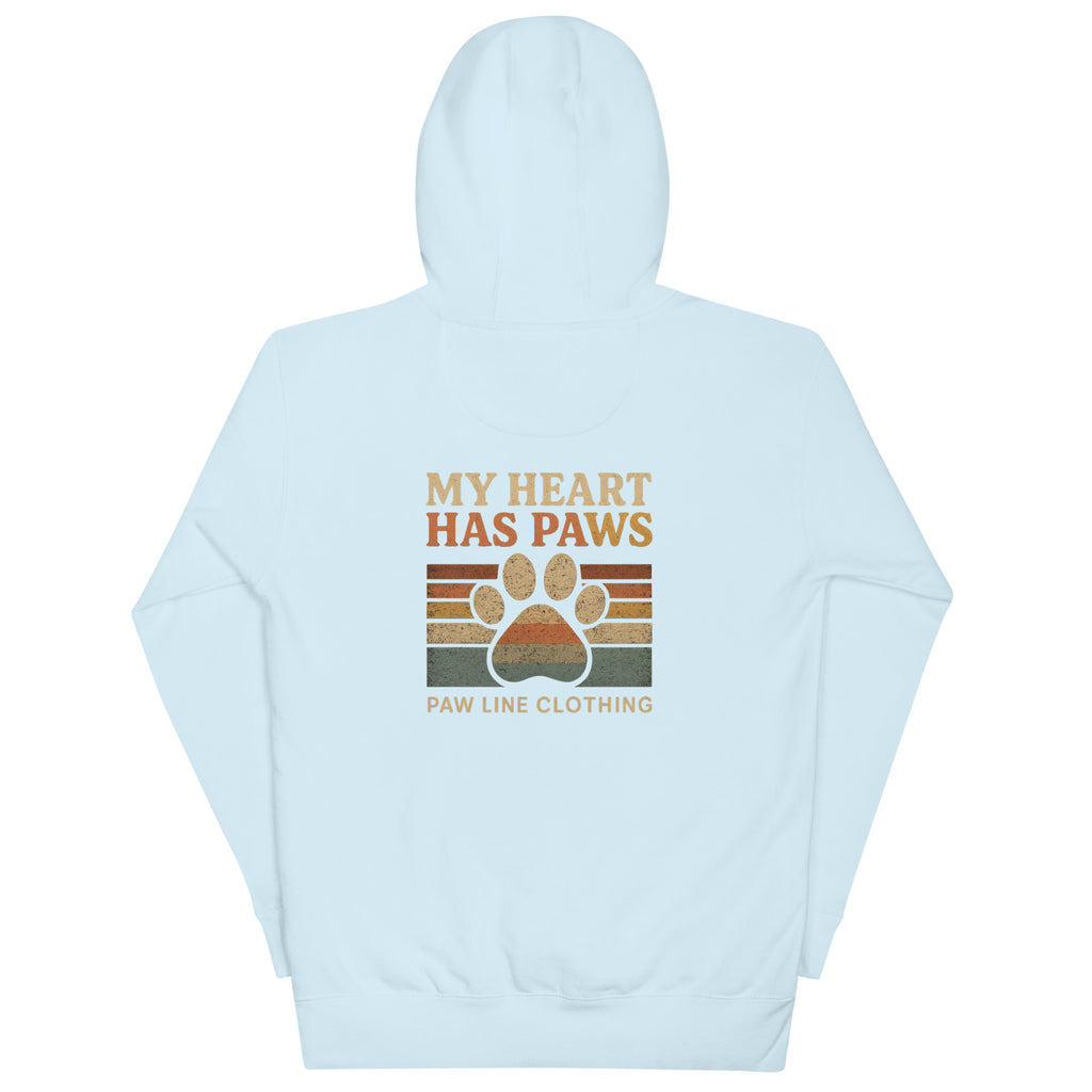 Hundeeltern-Hoodie hellblau mit Frontmotiv „MY HEART HAS PAWS“ und Pfotenprint