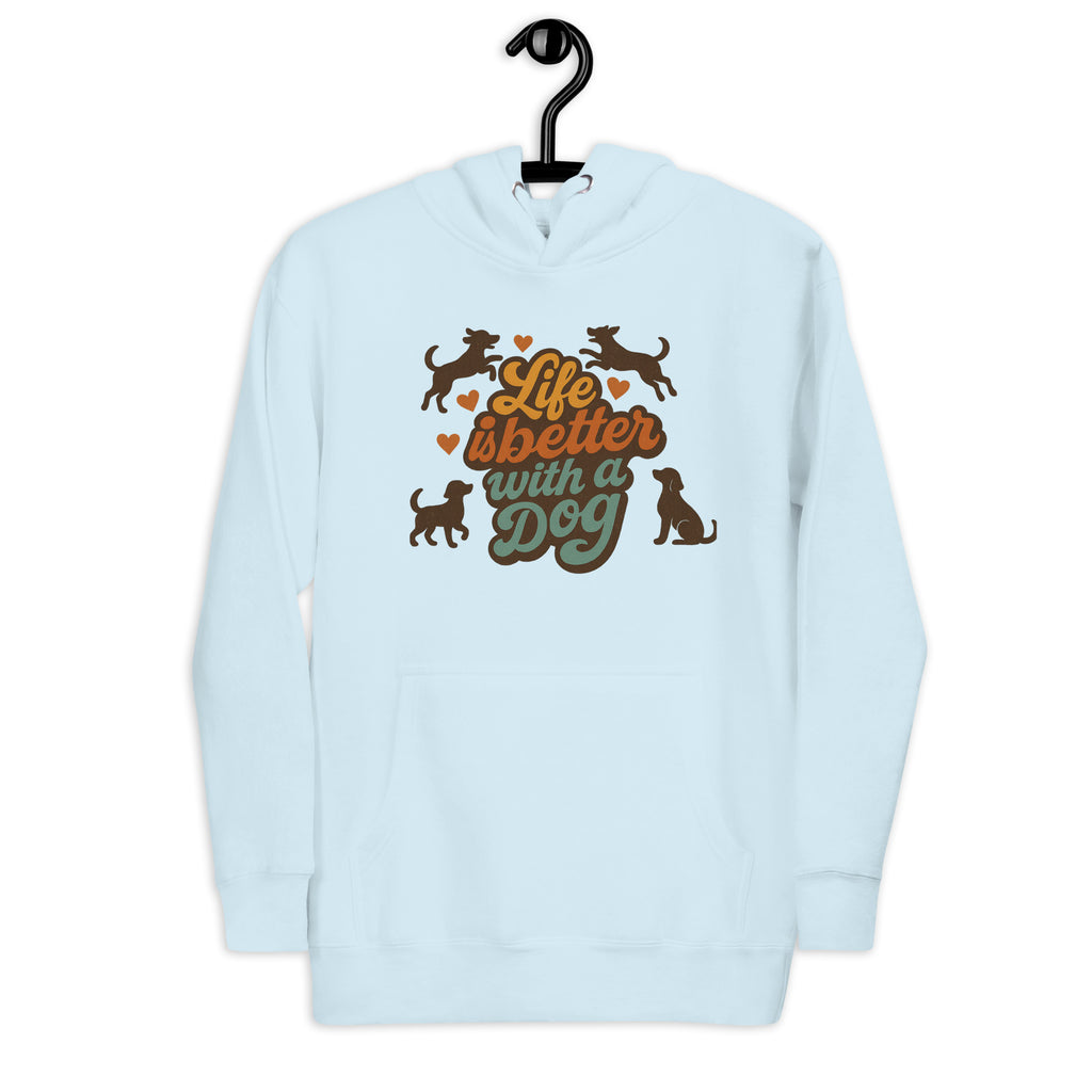 Hellblauer Hoodie mit Kapuze, Frontprint mit Hunden und Herzmotiv