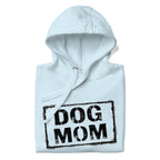 Unisex Hoodie in Hellblau mit Kapuze und „DOG MOM“-Motiv auf der Brust