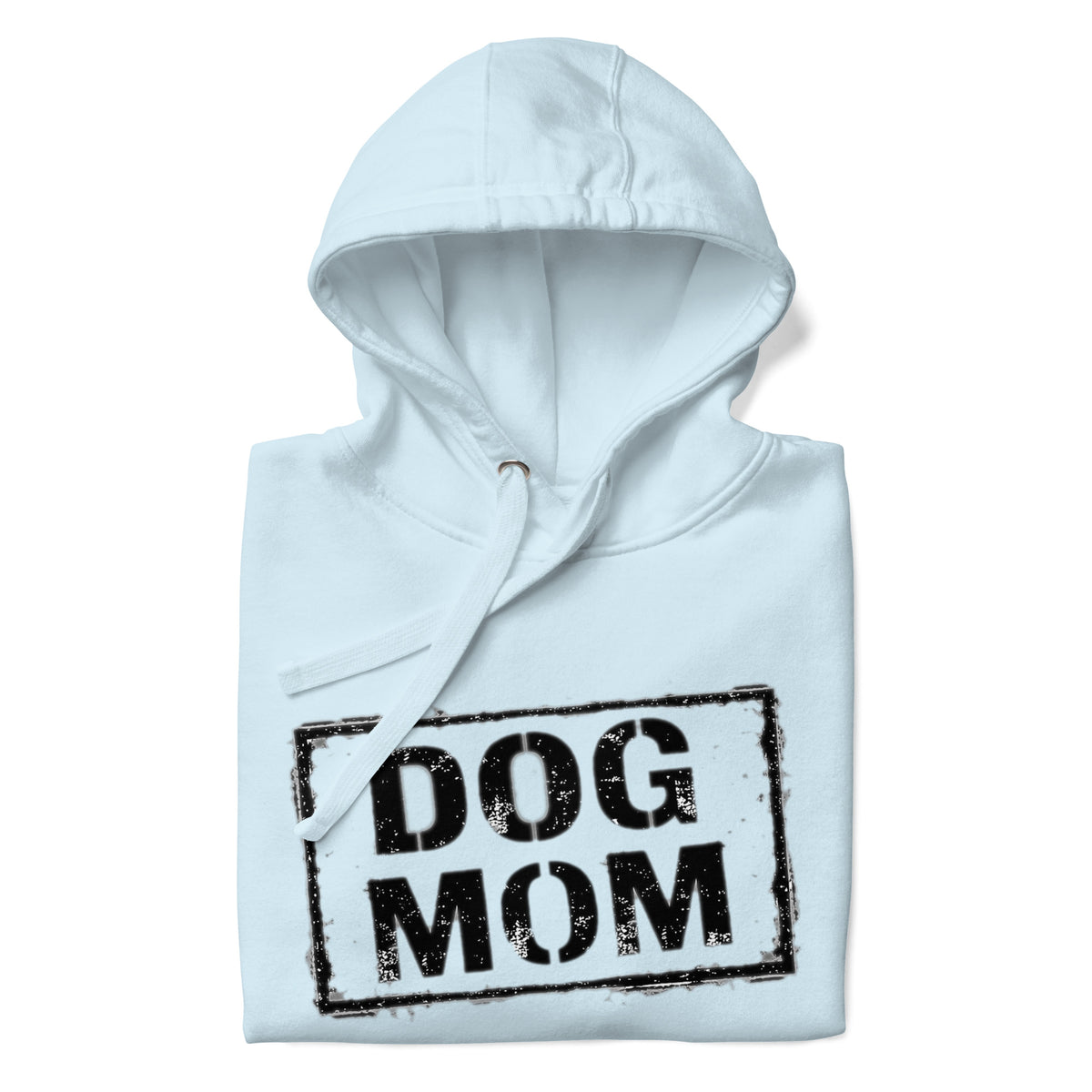 Unisex Hoodie in Hellblau mit Kapuze und „DOG MOM“-Motiv auf der Brust