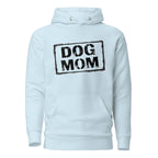 Unisex Hoodie in Sky Blue mit „DOG MOM“-Motiv auf der Brust und Kängurutasche