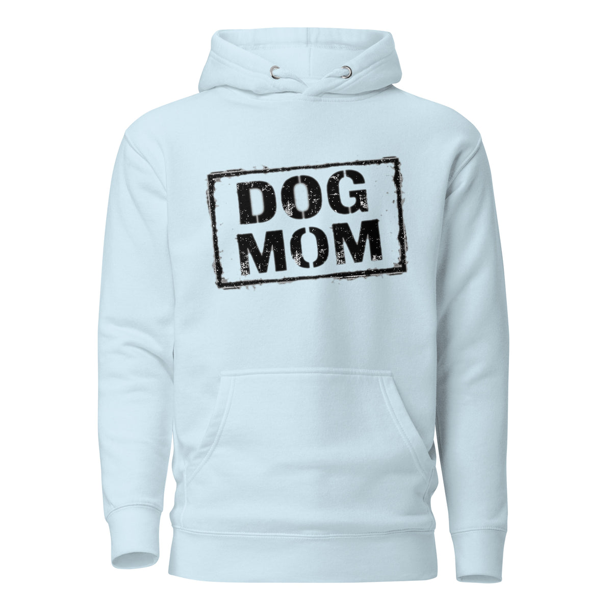 Unisex Hoodie in Sky Blue mit „DOG MOM“-Motiv auf der Brust und Kängurutasche