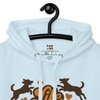 Hellblauer Hoodie mit Kapuze, Innenetikett „PAWLINE CLOTHING“ und Hundegrafik