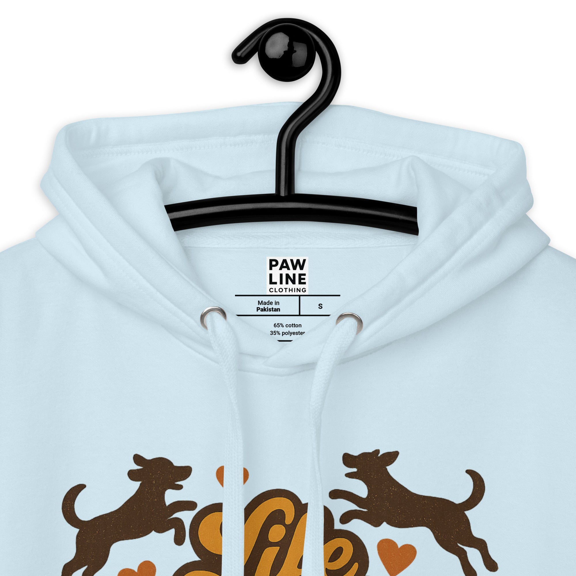 Hellblauer Hoodie mit Kapuze, Innenetikett „PAWLINE CLOTHING“ und Hundegrafik