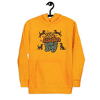 Orangefarbener Hunde-Hoodie mit Kapuze, Kordeln und buntem Tier- und Schriftaufdruck