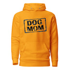 Unisex Hoodie in Team Gold mit „DOG MOM“-Motiv auf der Brust und Kängurutasche