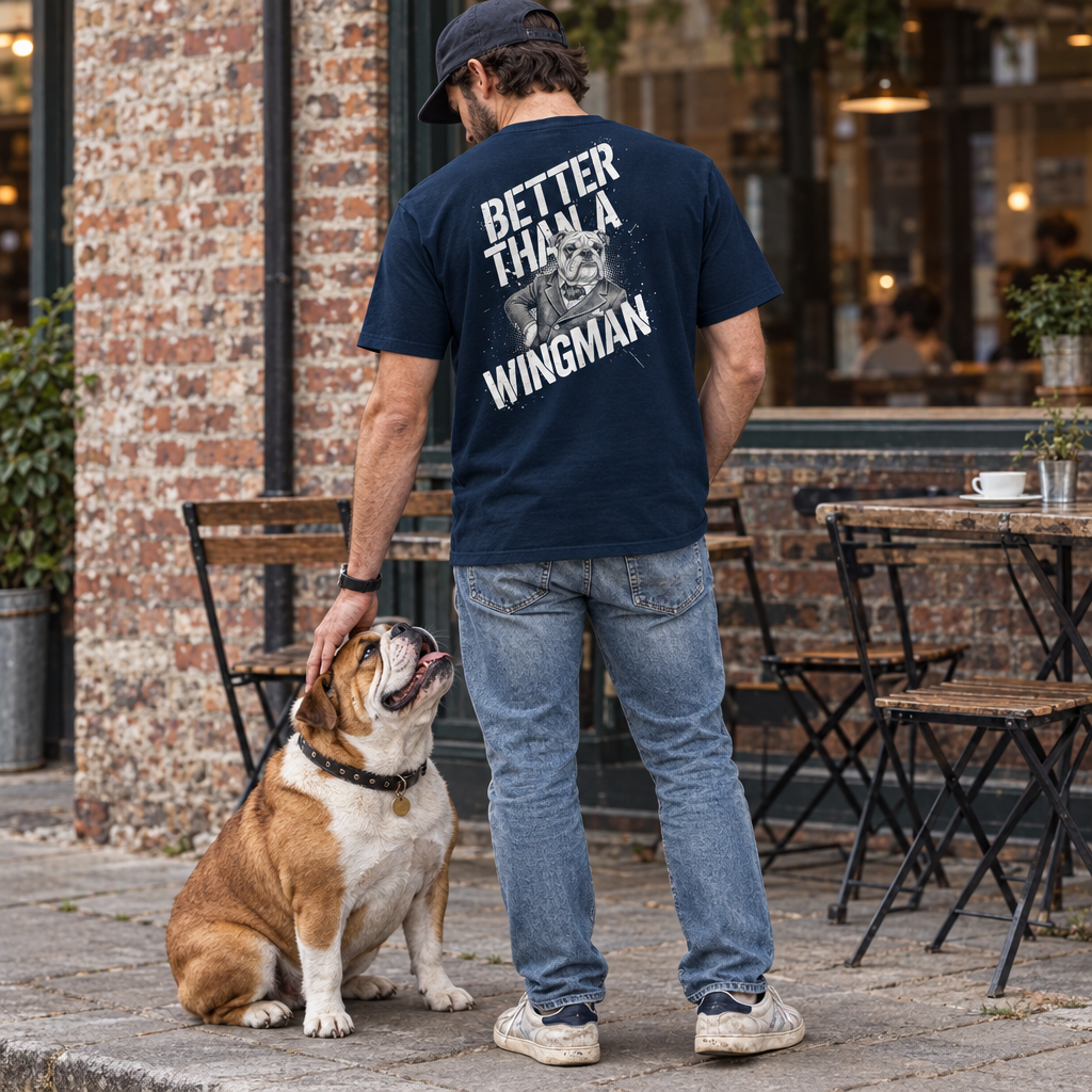 Dunkles Navy T‑Shirt mit großem Rückenprint und Hundemotiv