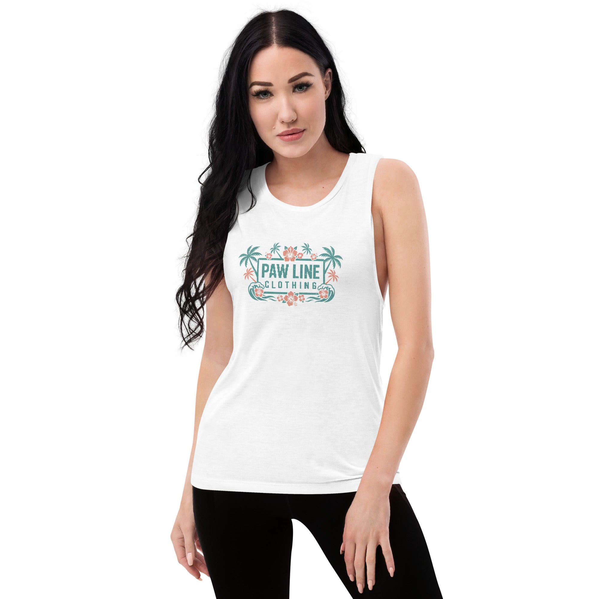 Weißes Damen-Tank-Top (Muscle) mit Rundhalsausschnitt und Frontlogo „PAW LINE“
