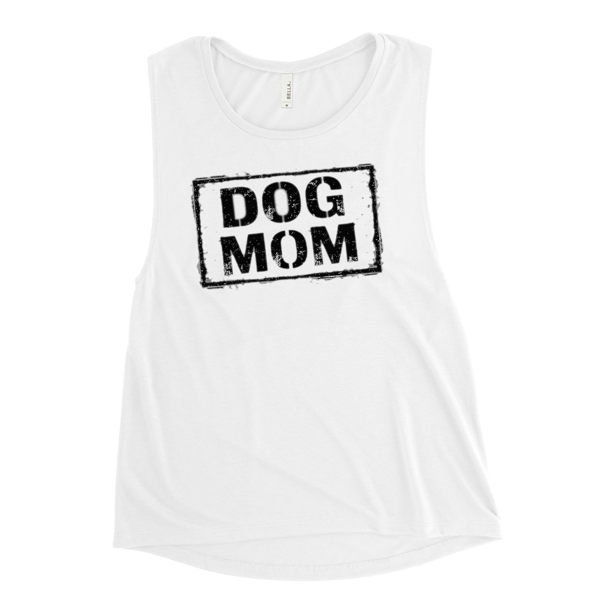 Damen Muscle-Tank-Top, weiß, ärmellos mit Rundhalsausschnitt und „DOG MOM“-Print
